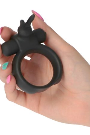 Silicone Vibrating Cock Ring with Rabbit Massager – Black