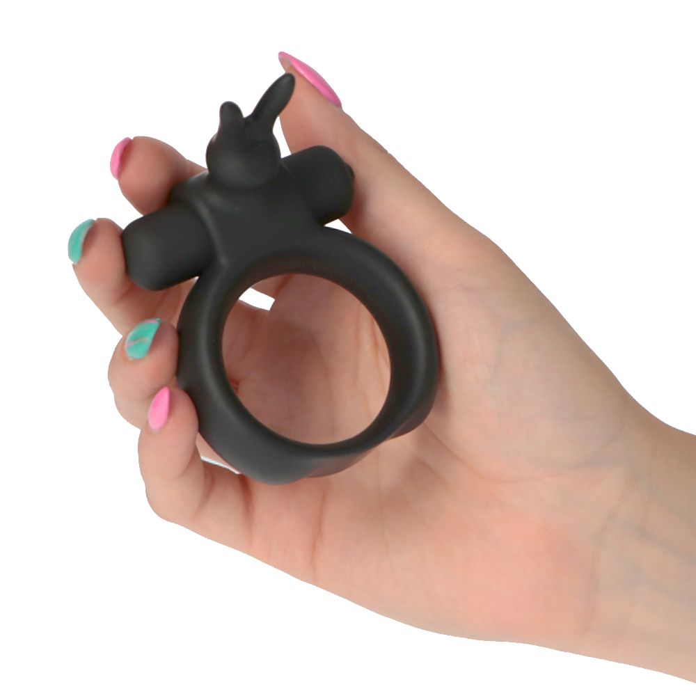 Δαχτυλίδι Πέους Σιλικόνης με Δόνηση & Rabbit Massager – Μαύρο