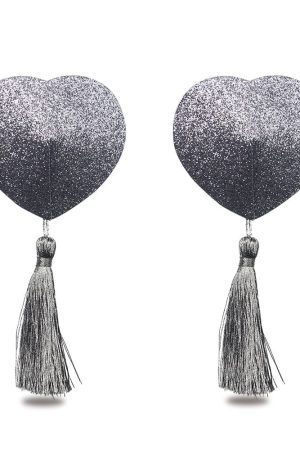 Silver Heart Nipple Covers – Silver Glitter Hearts with Ribbons 5.8cm