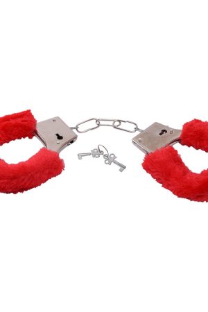 Handcuffs with Fur – Red Metal Fetish Handcuffs