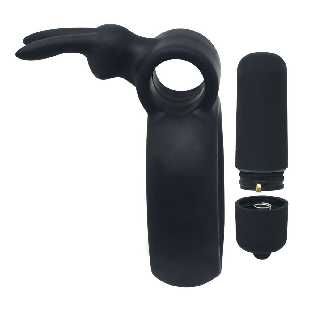 Δαχτυλίδι Πέους Σιλικόνης με Δόνηση & Rabbit Massager – Μαύρο - Image 5