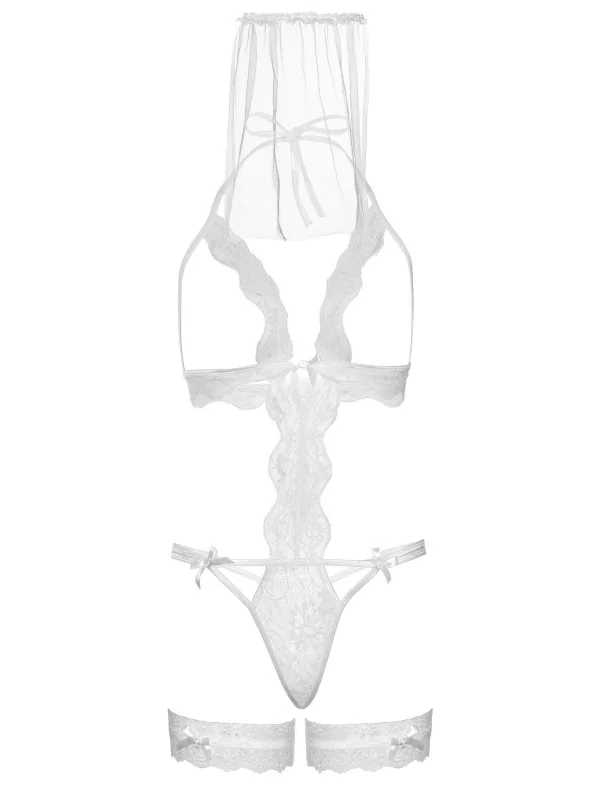 Leg Avenue Blushing Bride G-String Teddy, Veil & Garter Set – White - Image 4