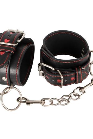 Bad Kitty – Black Leatherette Cuffs with Red Heart Details